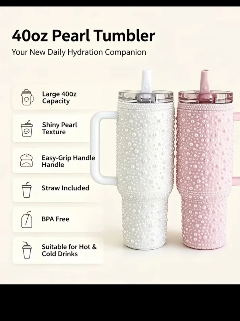 Pearl Rhinestone 40oz Tumbler with Handle - Pink and White